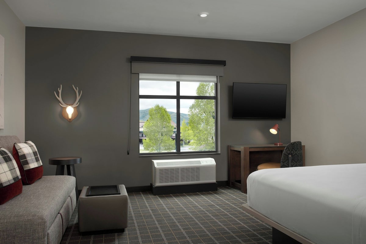 Habitación de hotel con cama, sofá, televisión, ventana con vistas y un calentador instalado en la pared.