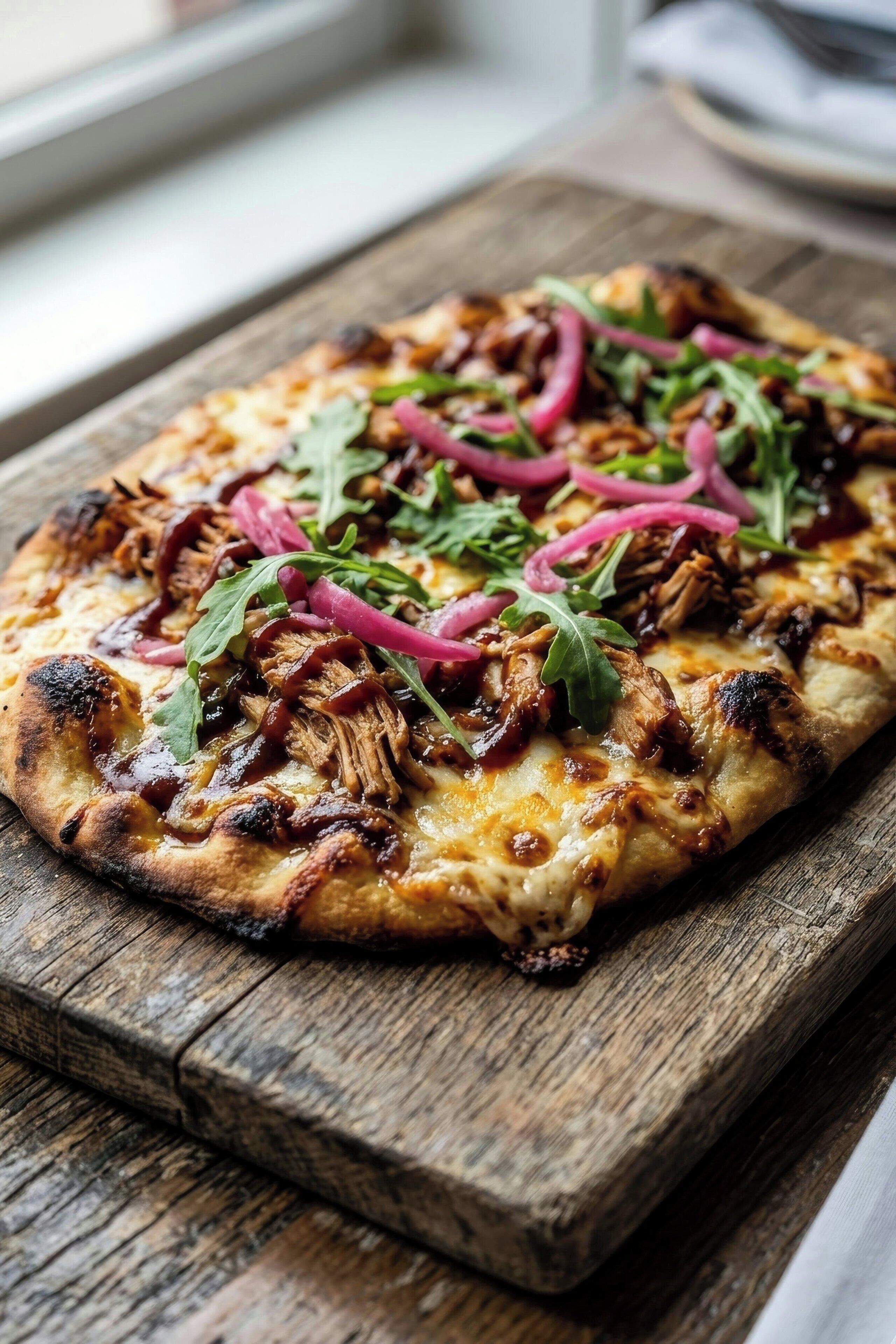 A pizza on a wooden board.