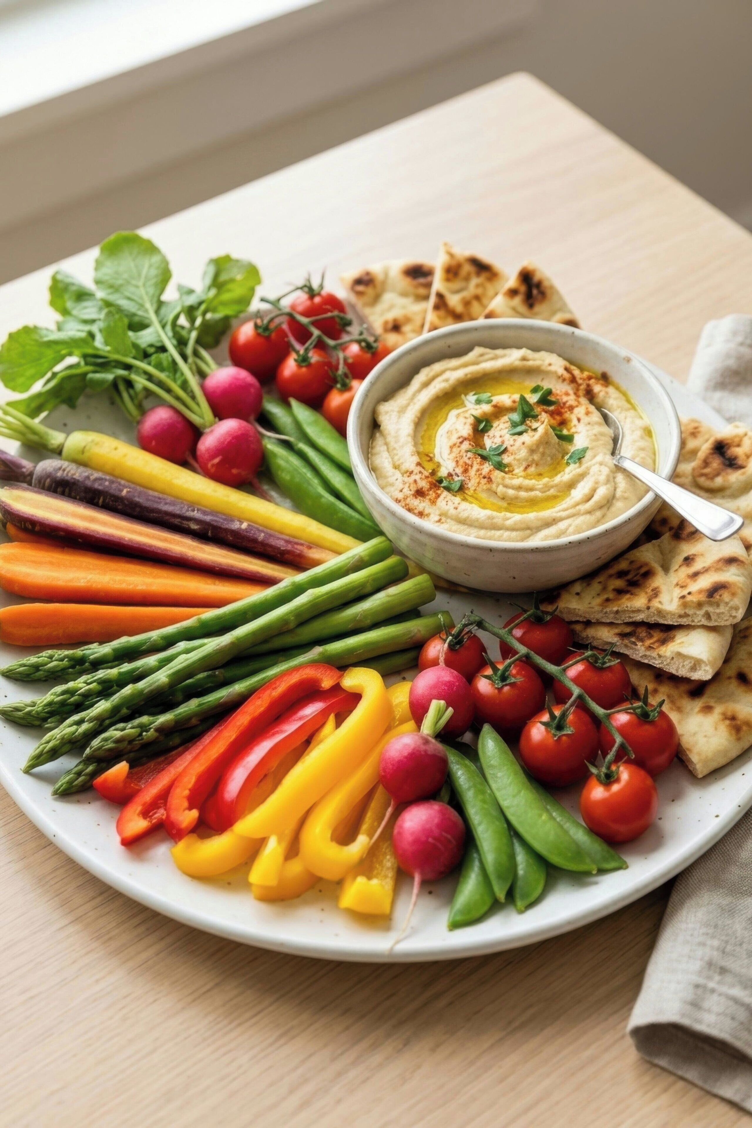 A plate with hummus, vegetables, and flatbread.