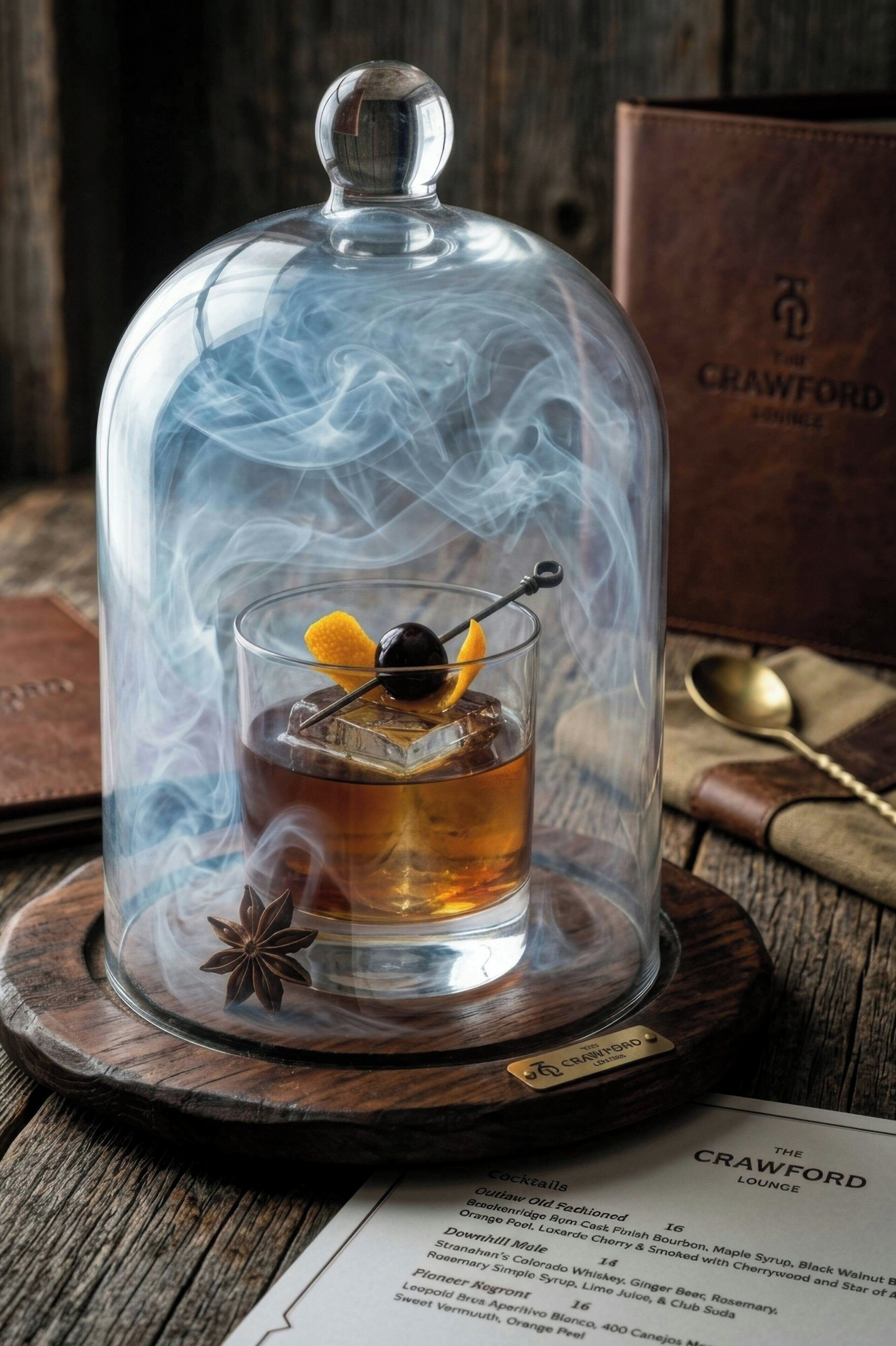 A glass of whiskey with a cherry and an orange peel garnish, served under a glass dome with smoke, on a coaster with a star anise, at The Crawford Lounge.