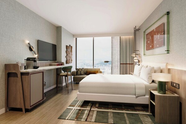 Una habitación de hotel moderna con una cama grande, un escritorio con televisor de pantalla plana, vistas a la ciudad y un ventanal amplio.