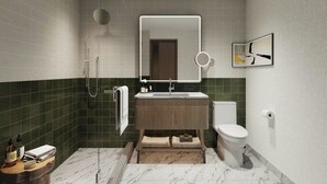 A modern bathroom with a wooden vanity, a large mirror, a toilet, and a shower area. - Le Méridien Richmond Pinnacle Hotel (Richmond)