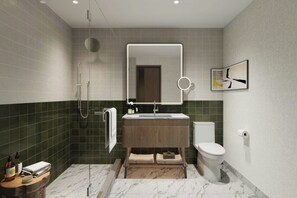 Chambre, 1 très grand lit | Salle de bain | Douche, douche cascade, articles de toilette griffés, séchoir à cheveux
