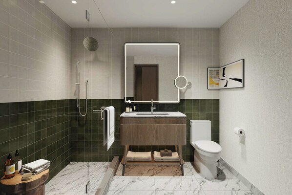 Kamar, 1 Tempat Tidur King | Kamar mandi | Shower, pancuran hujan,  dan perlengkapan mandi desainer
