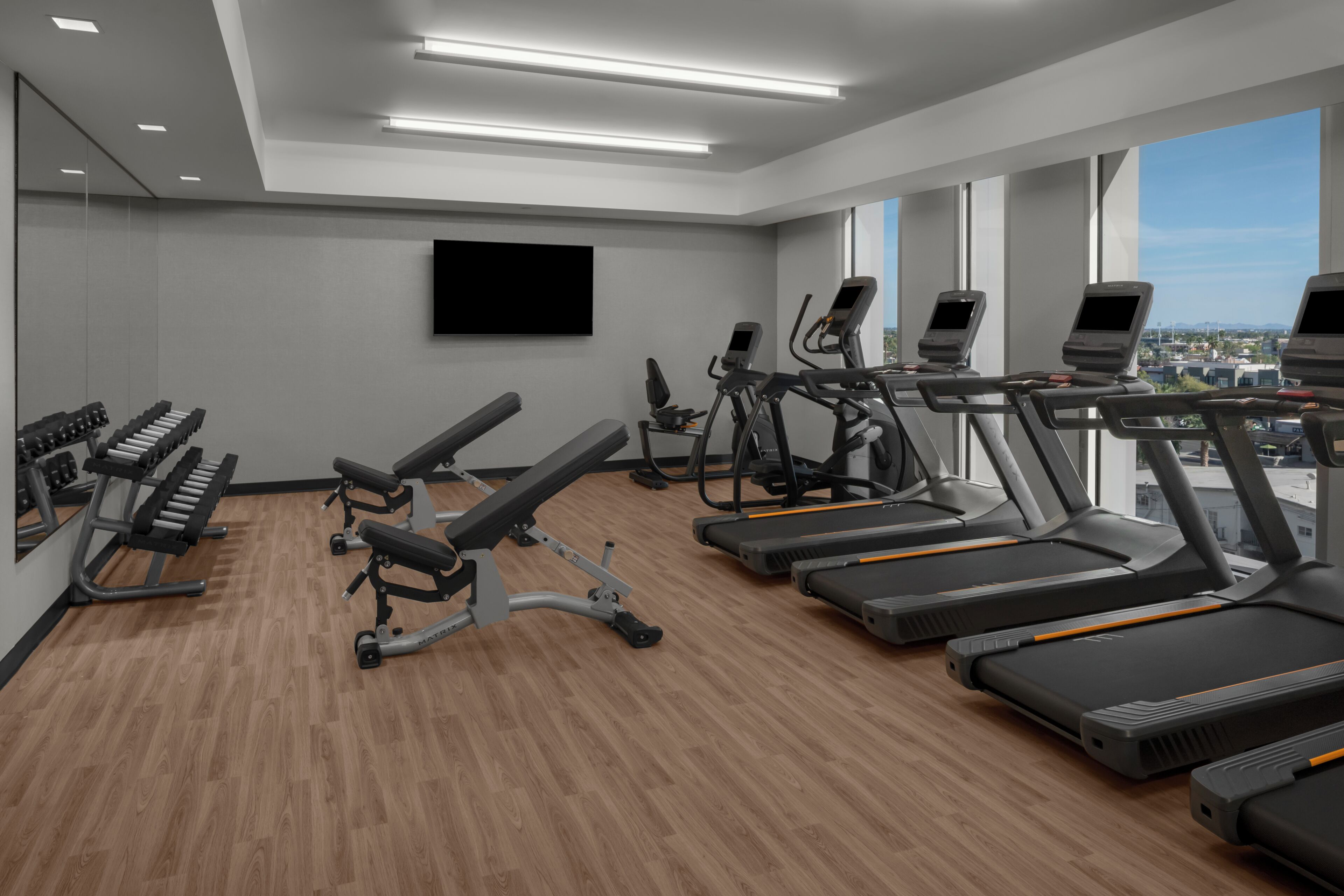 A modern gym with treadmills, weight machines, and a large mirror.