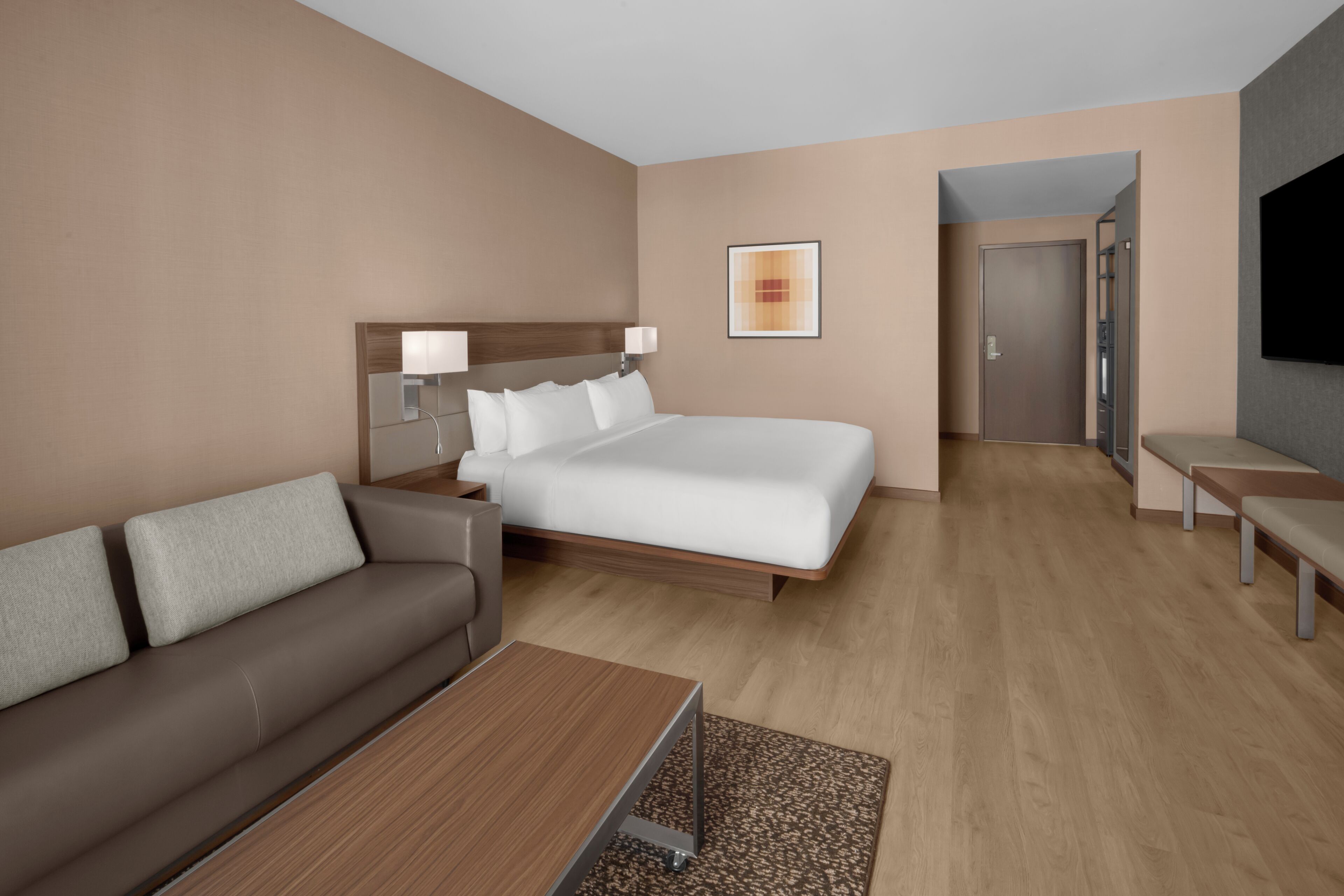 Una habitación de hotel con cama, sofá, televisión y escritorio.
