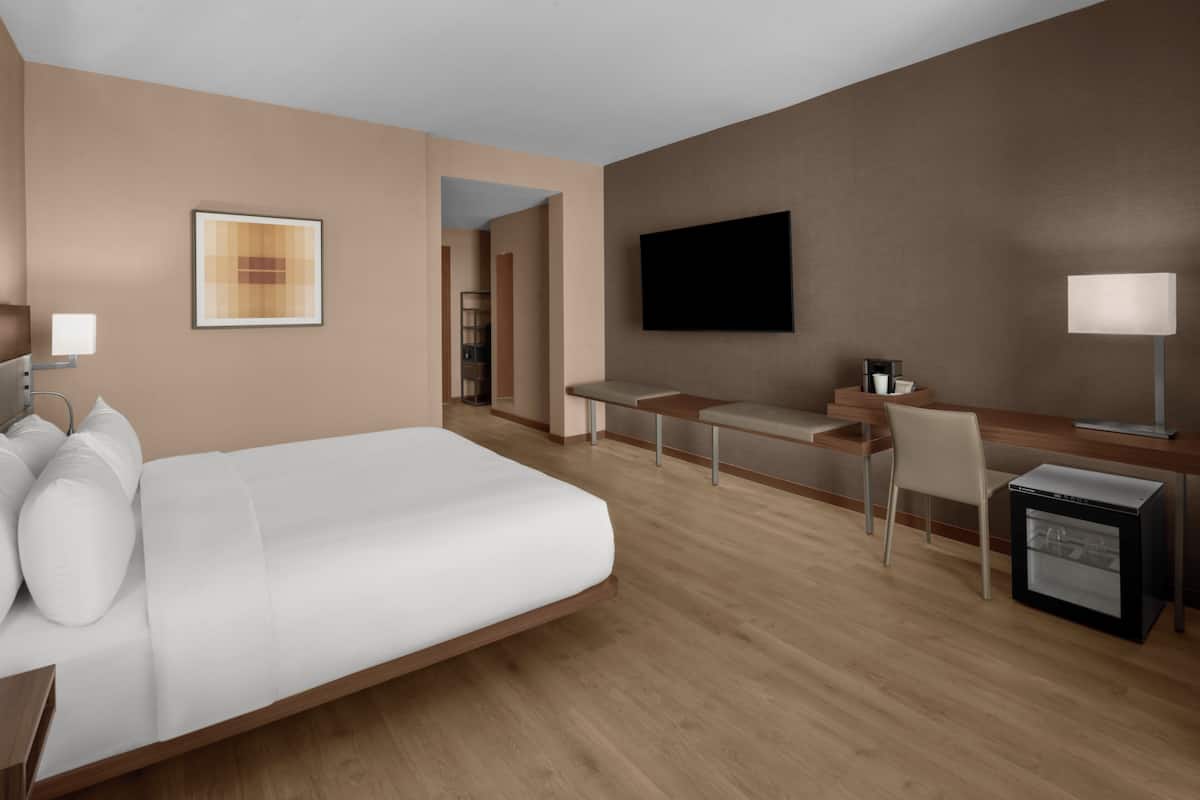 Une chambre d’hôtel équipée d’un lit, d’un bureau, d’une chaise, d’une télévision et d’un petit réfrigérateur.