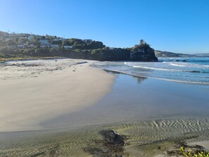 A beach with clear water, a sandy shore, and a rocky outcrop. - Sleeps 3 - 4 - 200m from beach (Dunedin)