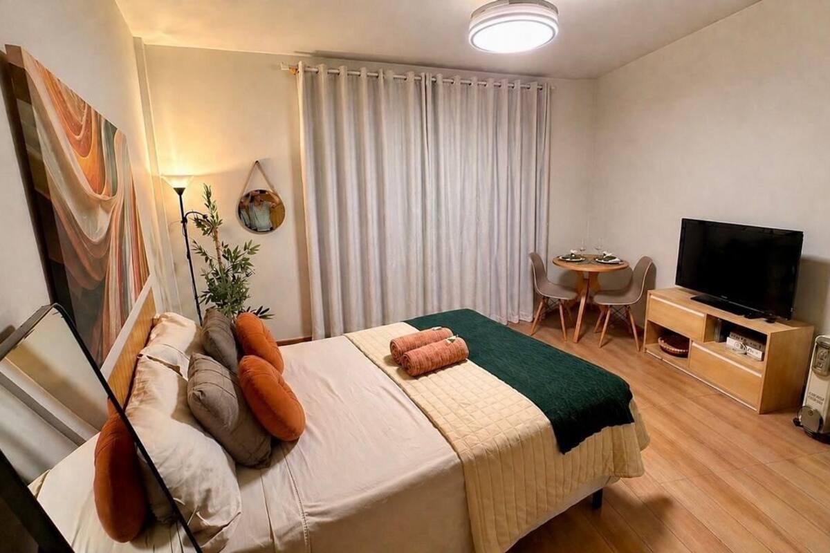 Een hotelkamer met een bed, een bureau, een stoel, een televisietoestel en een plant.