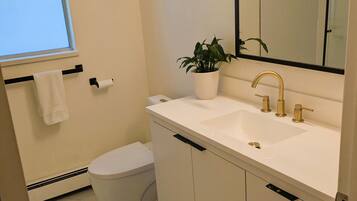 Hair dryer, towels, soap, toilet paper