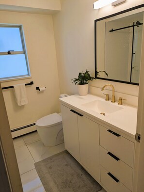 Secadora de cabello, toallas, jabón, papel de baño