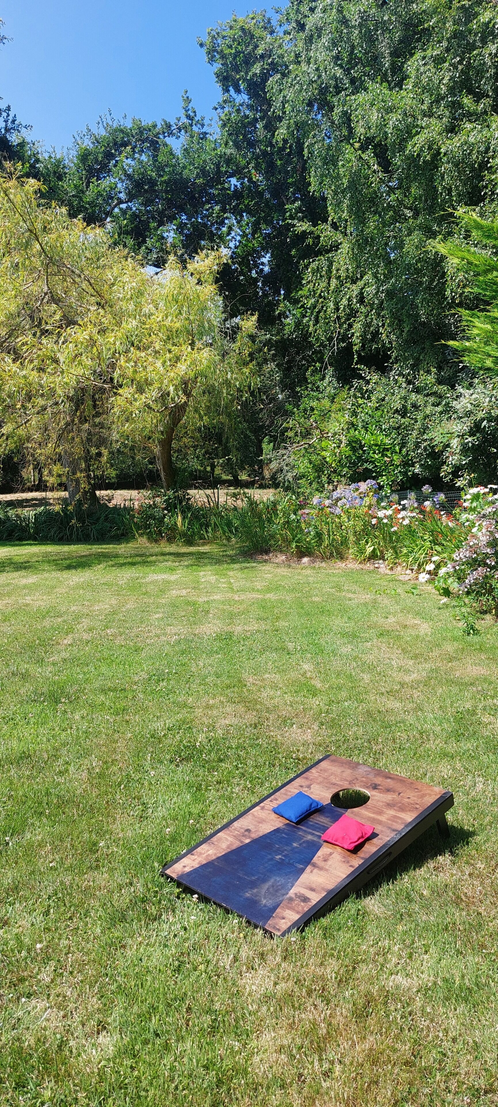 Un espacio cubierto de césped con una mesa de madera y un tapete azul.