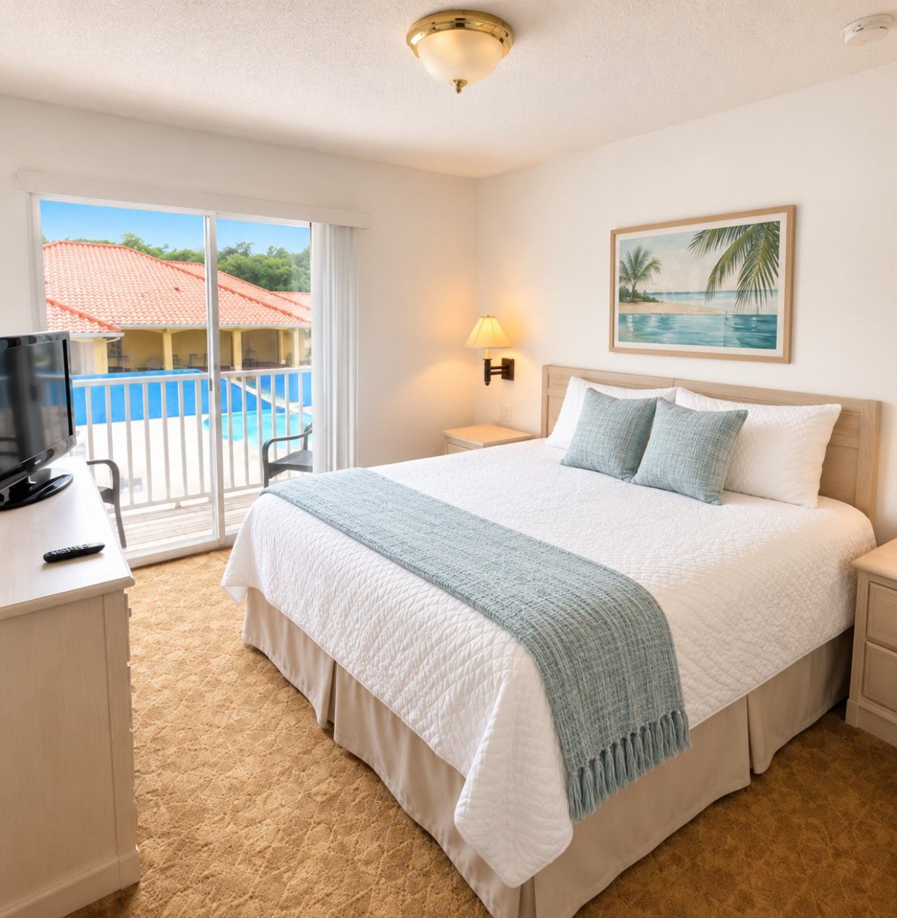 A hotel room with a bed, a TV, a desk, a lamp, and a painting of a beach.