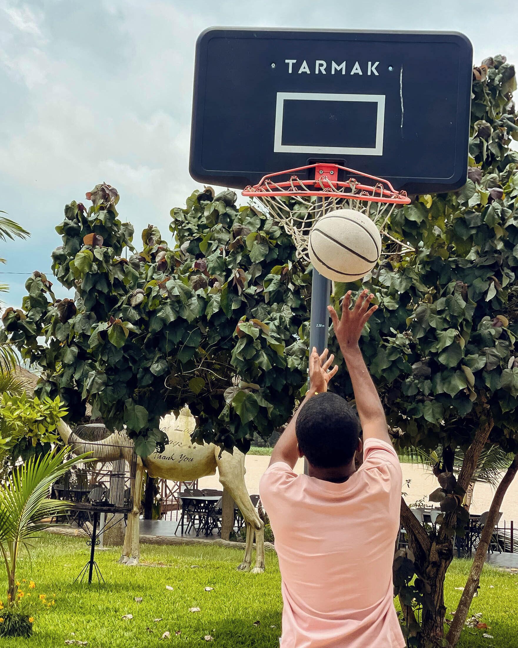 Een basketbalring met de aanduiding 'TARMAK', een basketbal in de lucht, een persoon in een roze shirt die mikt op de ring, en een vogelbeeld met de tekst 'Thank You' op de achtergrond.