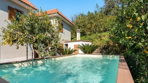 Una piscina con cubierta de madera, rodeada de vegetación y una casa con techo de tejas.