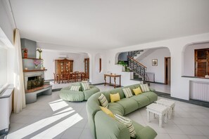 TV, fireplace, books - SorrentoVibes - The Lemon Grove Villa with private pool, garden and terrace (Massa Lubrense)