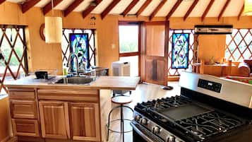 Fridge, oven, stovetop, coffee/tea maker