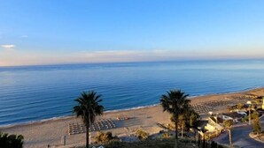 A beach with rows of sun loungers and palm trees, a clear sky, and a calm sea. - Comfort with the best ocean view at the Marina Balcony (benalmadena)