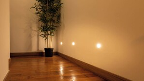 Un pasillo con suelo de madera, una planta de bambú en maceta e iluminación empotrada en la pared.