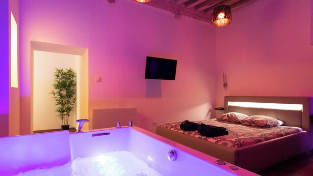 Un dormitorio con una bañera grande, una cama con ropa de cama estampada, un televisor en la pared y una planta en maceta.