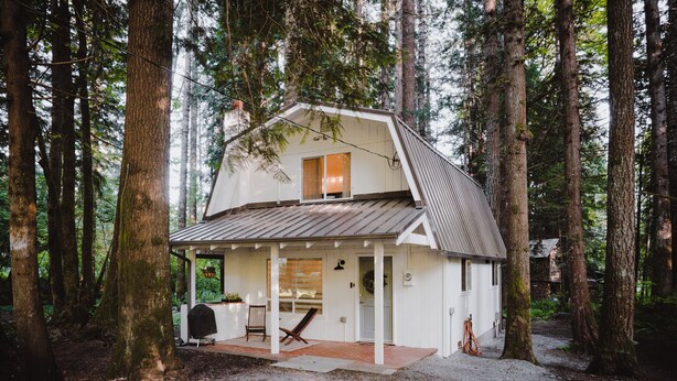 A small, white cabin with a sloped roof, surrounded by tall trees in a forest. - Mt. Rainier Getaway (Ashford)