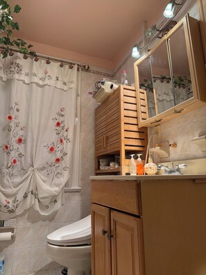 Hair dryer, bidet, towels, toilet paper