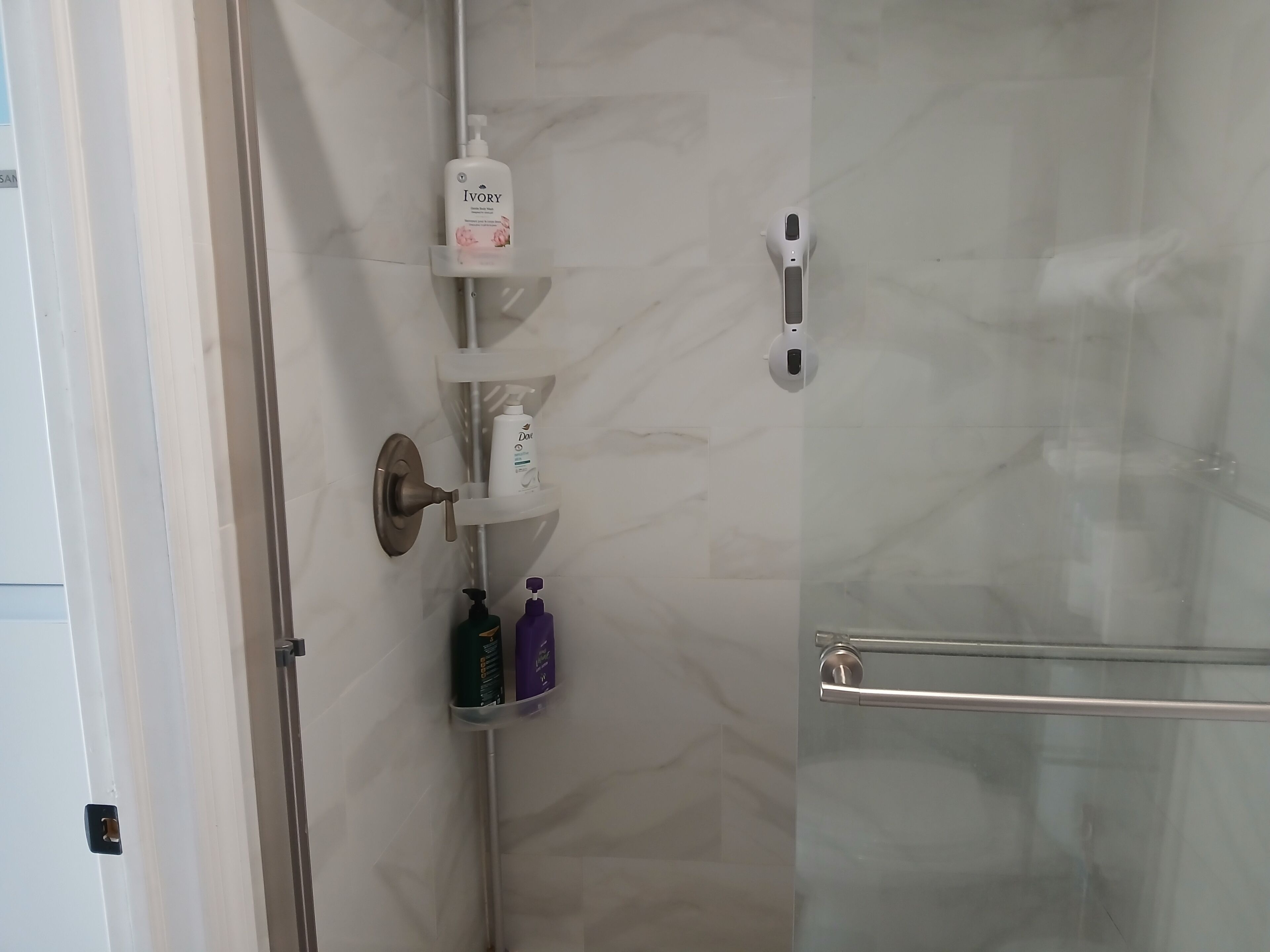 Hair dryer, towels, soap, toilet paper