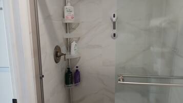 Hair dryer, towels, soap, toilet paper