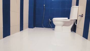 Shower, towels, soap, toilet paper