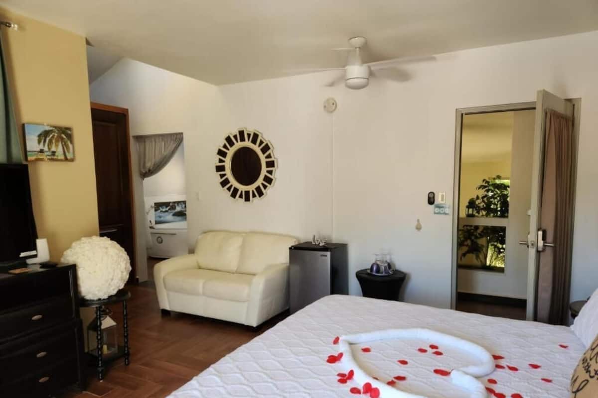 A hotel room with a bed, a white sofa, a small table, a TV, and a ceiling fan.