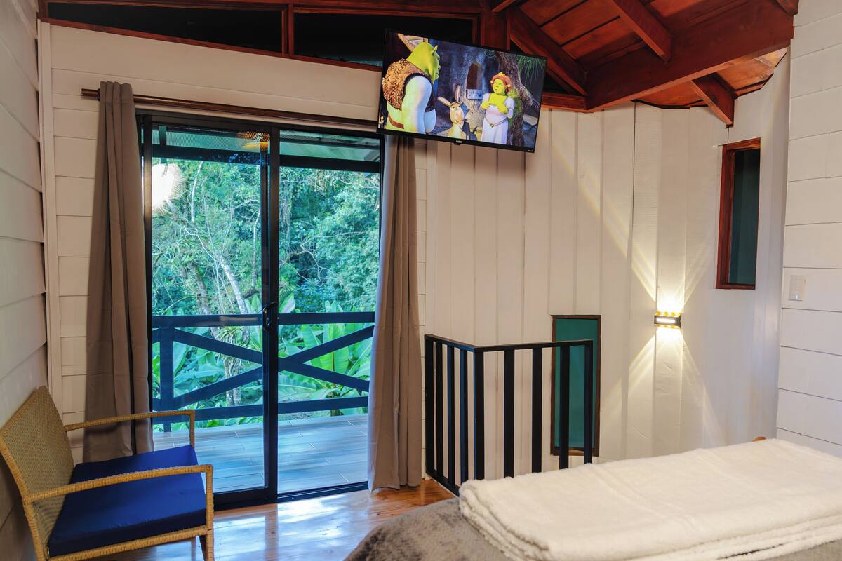 Een kamer met een bed, een rieten stoel, een televisie en uitzicht op groen via een schuifdeur.