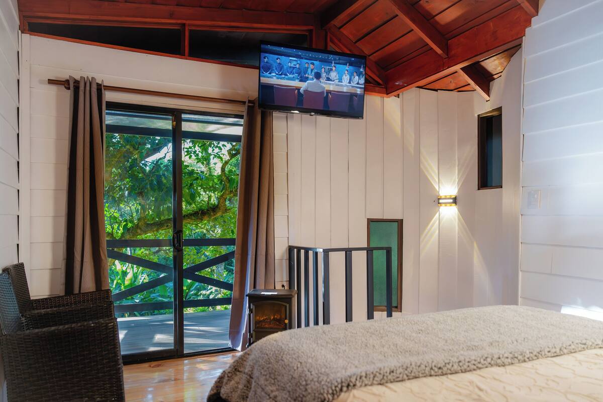 Een slaapkamer met een groot bed, een aan de muur bevestigde televisie, een open haard en uitzicht op groen via de schuifdeur.