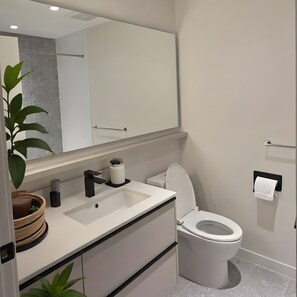 Hair dryer, towels, soap, toilet paper