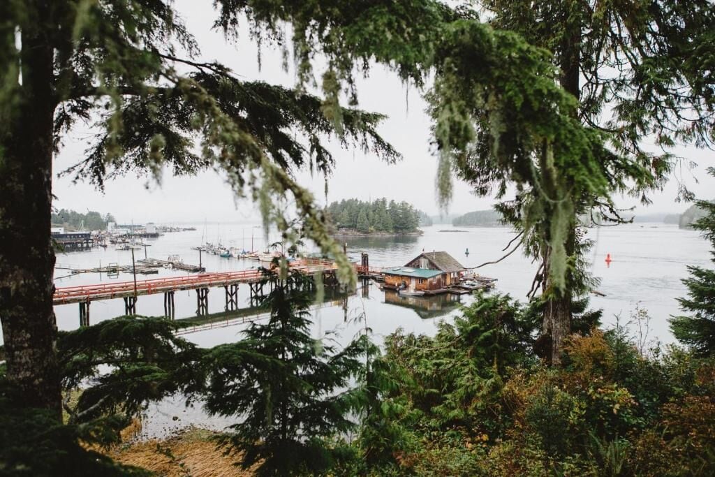 A waterfront view with a dock, boats, and a small building.