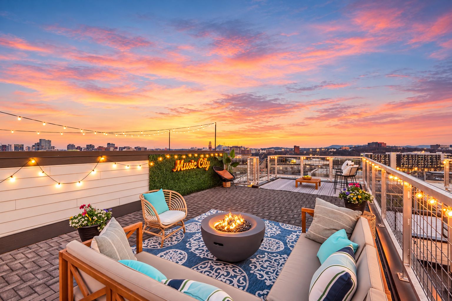 A rooftop terrace with a city skyline view, a neon 'Music City' sign, outdoor seating, and a fire pit.
