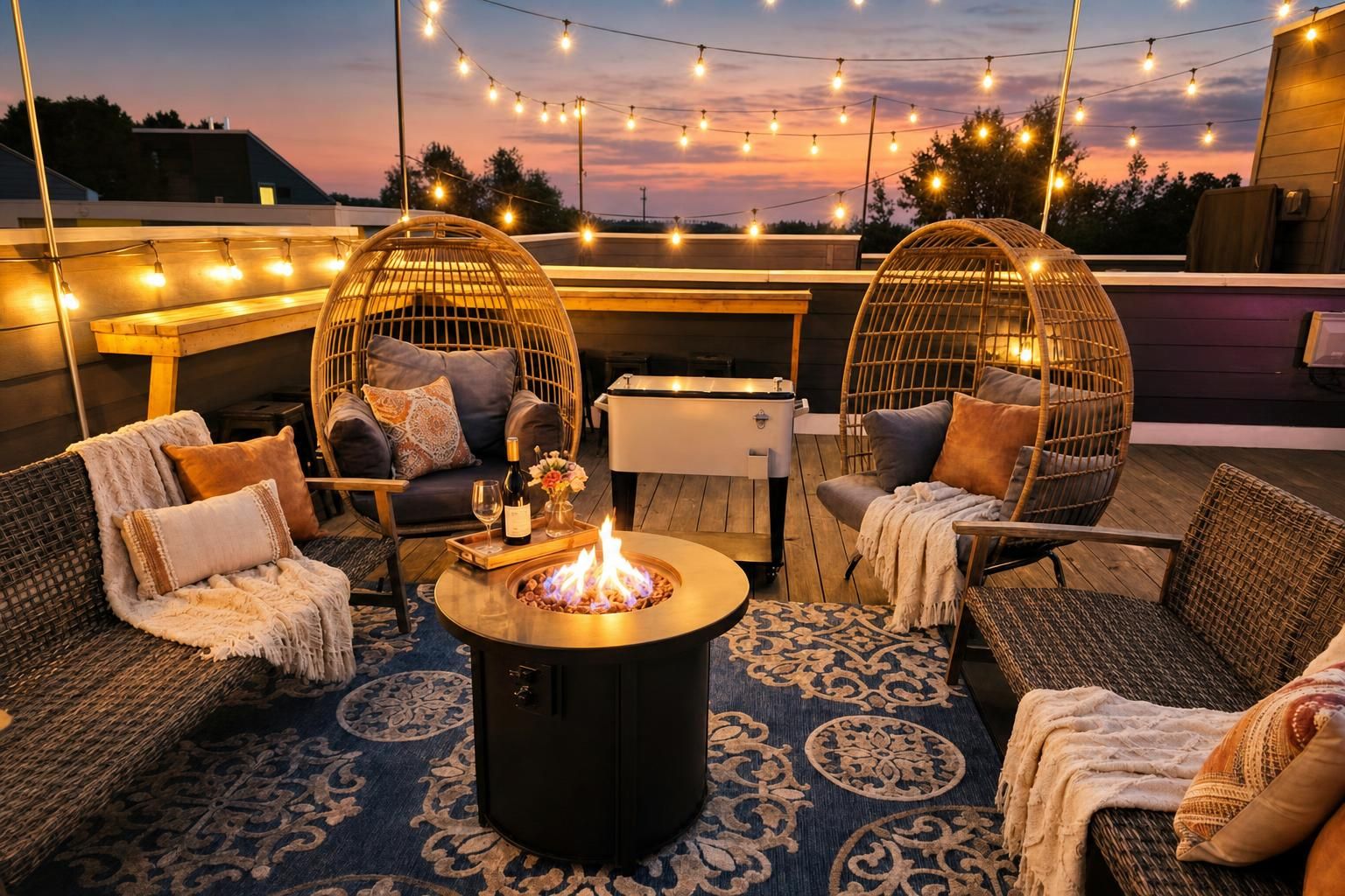 An outdoor seating area with wicker furniture, a central fire pit, and string lights.