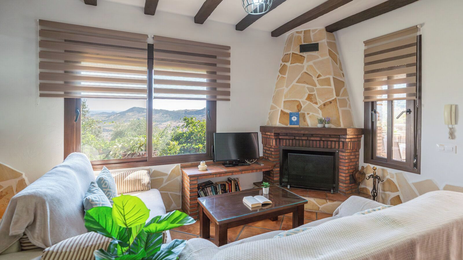 Una sala de estar con chimenea, un sofá, una mesa de centro y un televisor.
