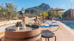 A poolside area with lounge chairs, a bar area with glasses of white wine, and a mountain view in the background.