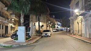 Scena notturna di una strada con auto parcheggiate, palme e edifici con balconi e insegne.