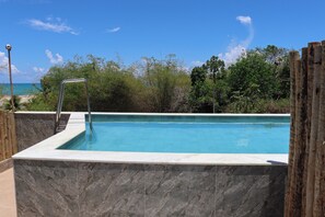 Piscina rectangular con escalera metálica, rodeada por un muro de piedra, con vista al océano y árboles en el fondo.