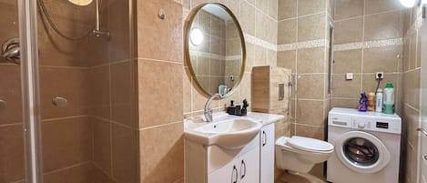 Hair dryer, towels, soap, toilet paper