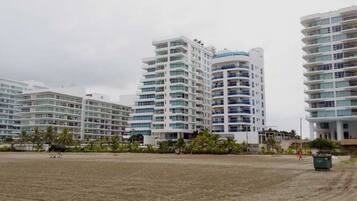 On the beach, beach umbrellas, beach towels