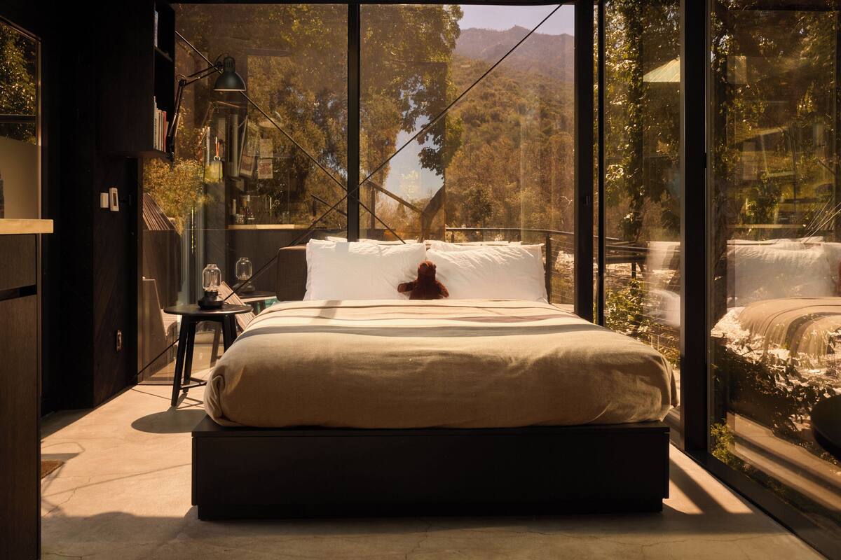 A modern bedroom with a large bed, a bedside table, and a view of a forest through floor-to-ceiling windows.