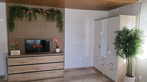 Una sala de estar moderna con mueble de entretenimiento de madera, televisor de pantalla plana mostrando el logo de Netflix, planta en maceta y un amplio armario.