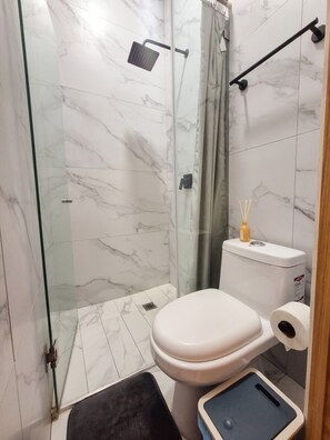 Une salle de bain avec une douche à parois de verre, des toilettes, un bidet et une petite poubelle.