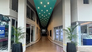 Een gang met een betegelde vloer, een groen plafond met verlichting en twee plantenpotten.