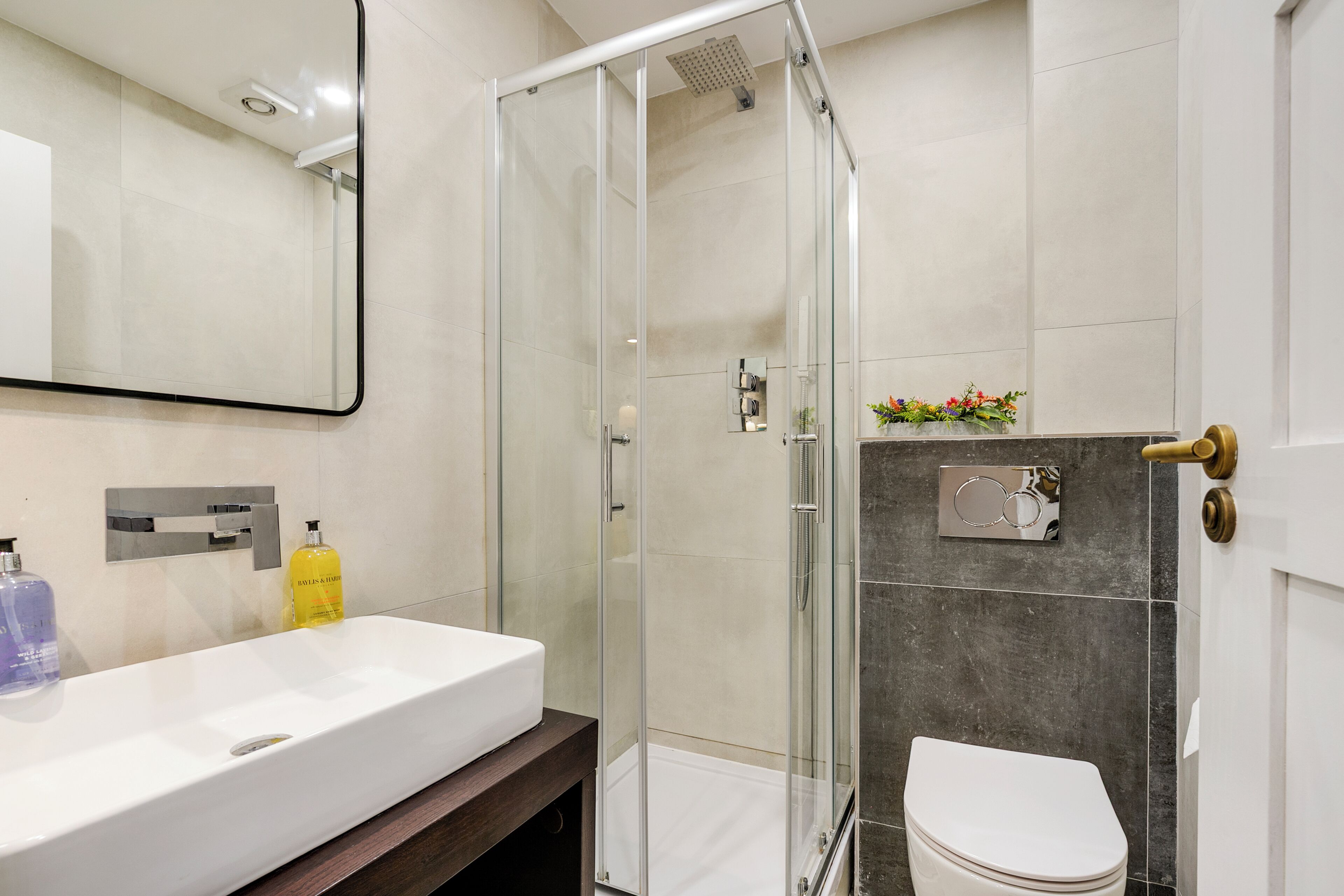 Hair dryer, towels, soap, toilet paper