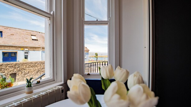 A view through a window with white tulips in a vase, a small potted plant, and a stone wall outside. - Howth Marina Escape (Howth)