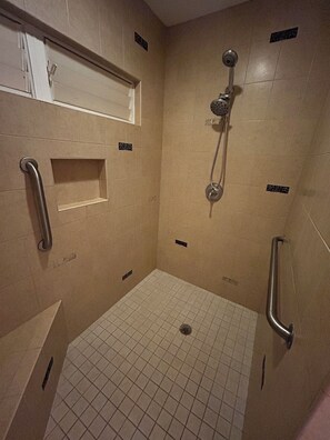 Regadera, secadora de cabello, toallas, papel de baño 