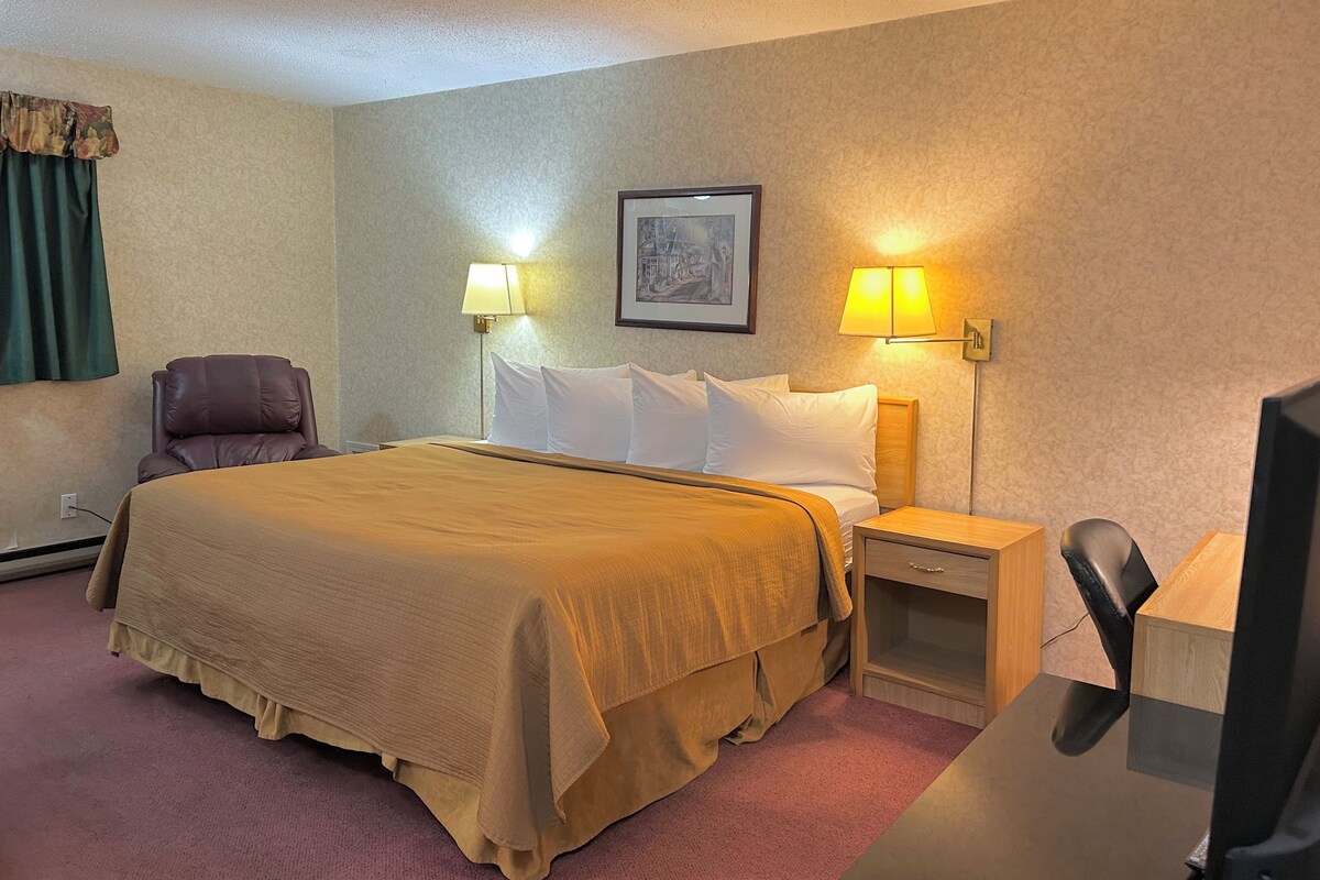 Ett hotellrum med en säng, två sänglampor, en stol, ett skrivbord och en tv.